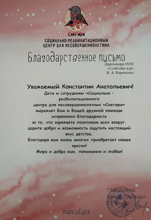 Благодарственное письмо Снегири